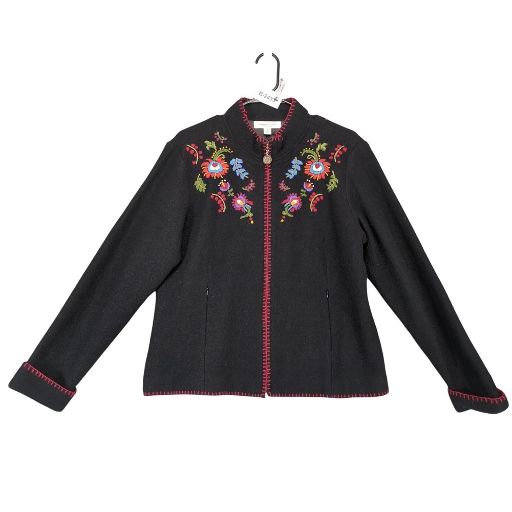 Coldwater Creek Black Red Floral Embroidered Wool Jacket Womens M Full Zip Boho